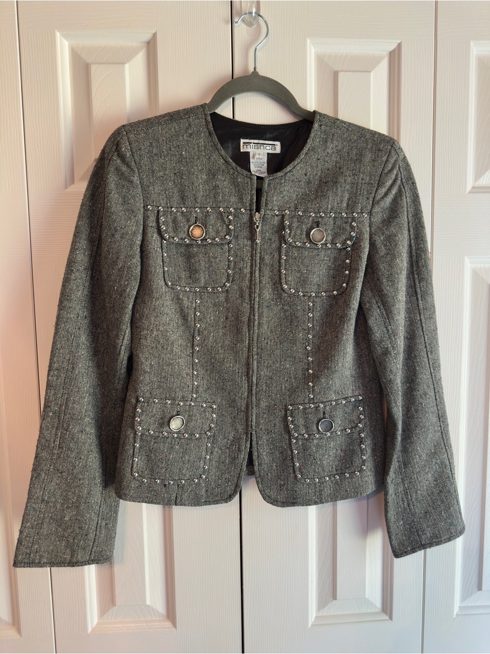 MISHCA Cotton/Wool Blend Gray Tweed Silver-Stud Trim Zip-Front Jacket Size Small
